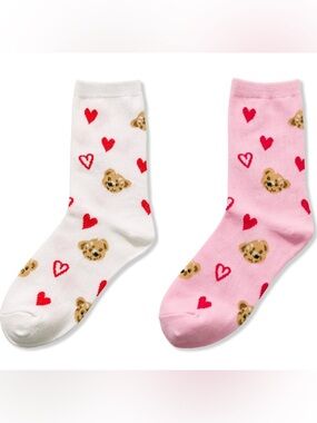NWT Zenana White & Pink Teddy Bear Heart Crew Socks Cozy Cute Gift One Size